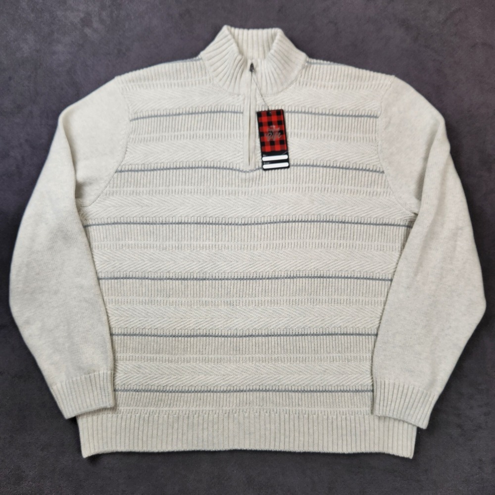 Chaps 1/4 Zip Sweater Mens XXL Beige Gray Striped Pullover Heavy Knit Cotton NWT